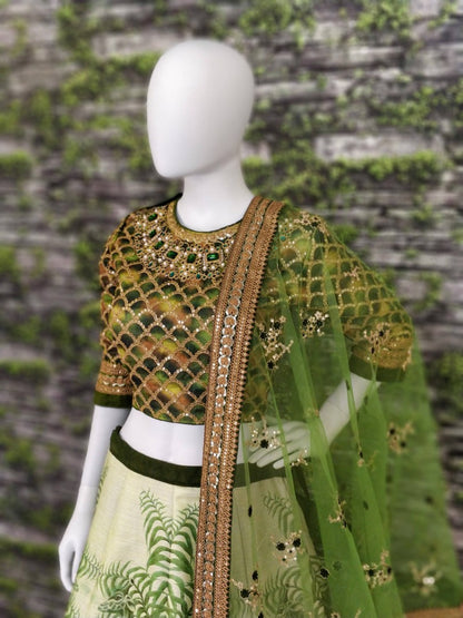 green chennai silk beautiful printed stone and embroidered designer ceremonial lehenga