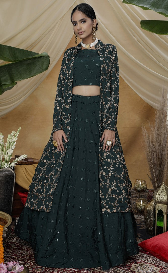 Green chinon sequence embroidered lehenga choli with koti