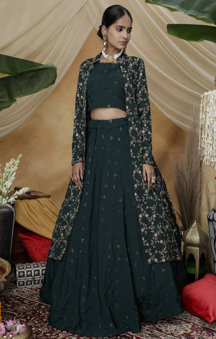 Green chinon sequence embroidered lehenga choli with koti