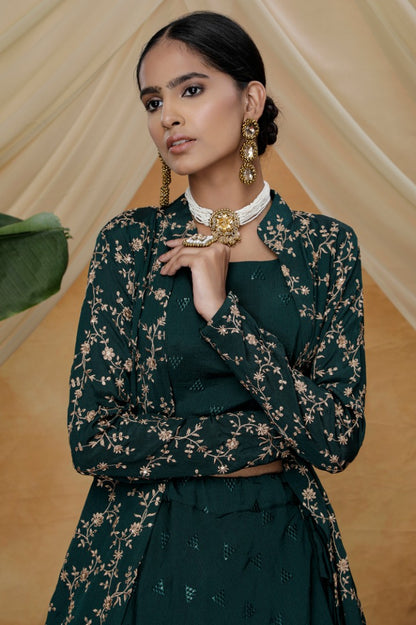Green chinon sequence embroidered lehenga choli with koti