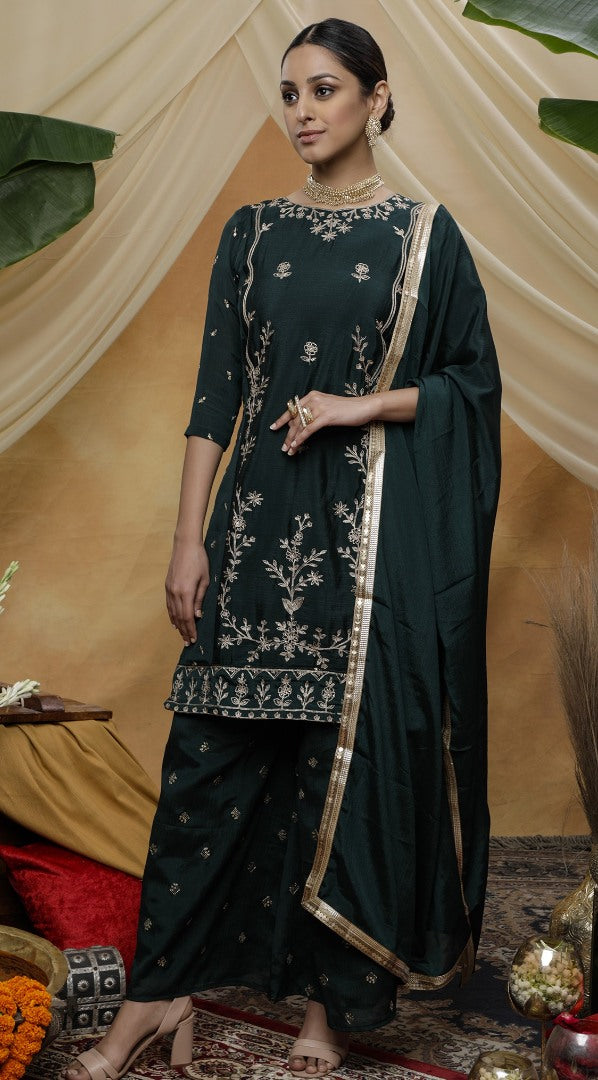 Green chinon sequence embroidered party wear plazzo suit