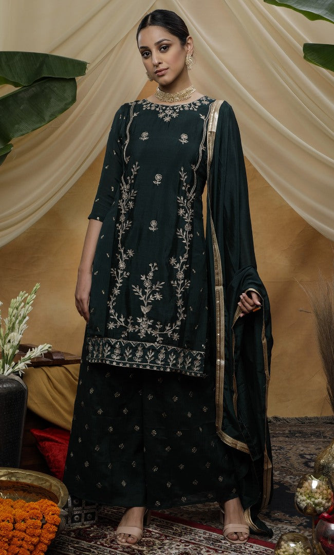 Green chinon sequence embroidered party wear plazzo suit