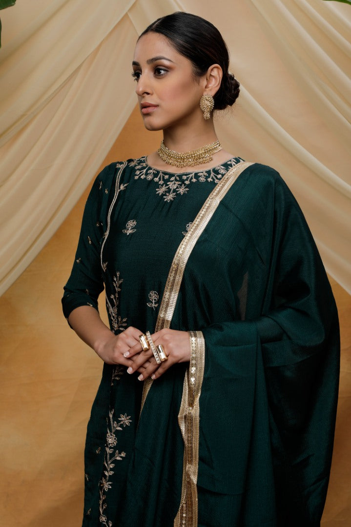 Green chinon sequence embroidered party wear plazzo suit