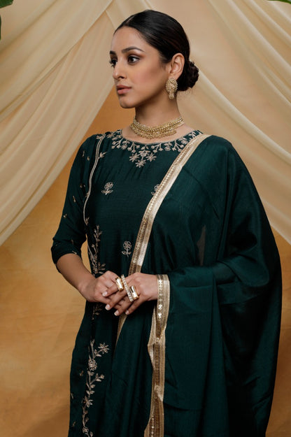 Green chinon sequence embroidered party wear plazzo suit