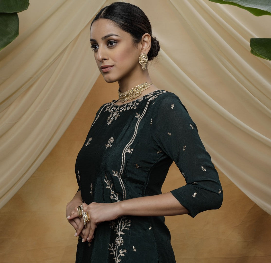 Green chinon sequence embroidered party wear plazzo suit