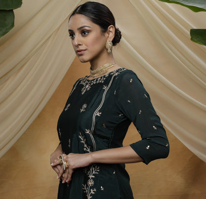 Green chinon sequence embroidered party wear plazzo suit