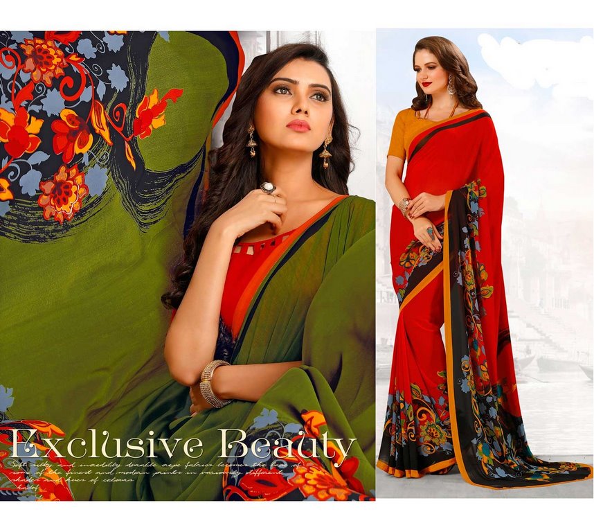 Green Colored Lesar Georgette Digital Printed Saree