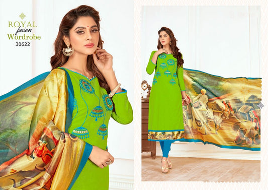 Green Colored Salab cotton Thread Work & Digital Printed Un-Stitched Dress Material