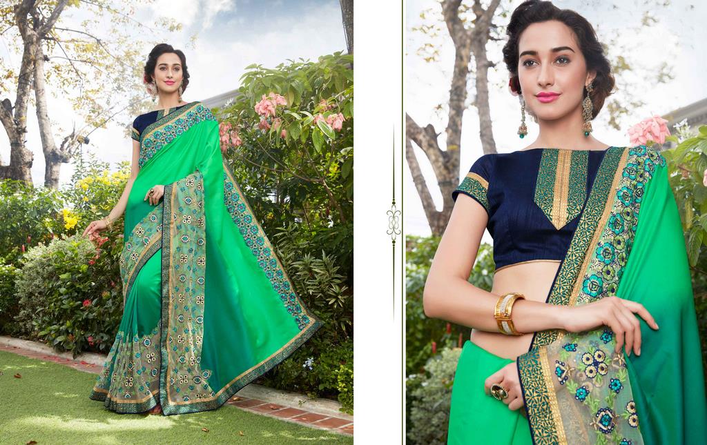 Green Colored Satin Silk & Net Resham & Jari Embroidery With Stone Work Saree