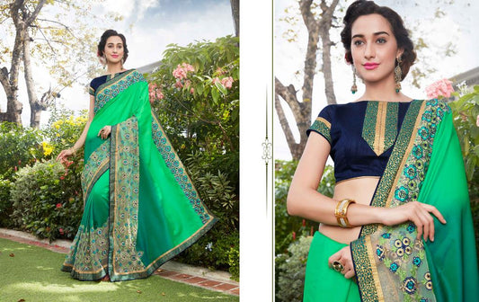 Green Colored Satin Silk & Net Resham & Jari Embroidery With Stone Work Saree