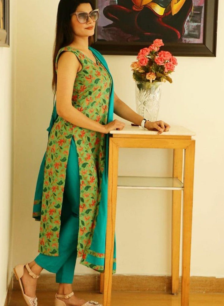 Green cotton digital printed salwar suit