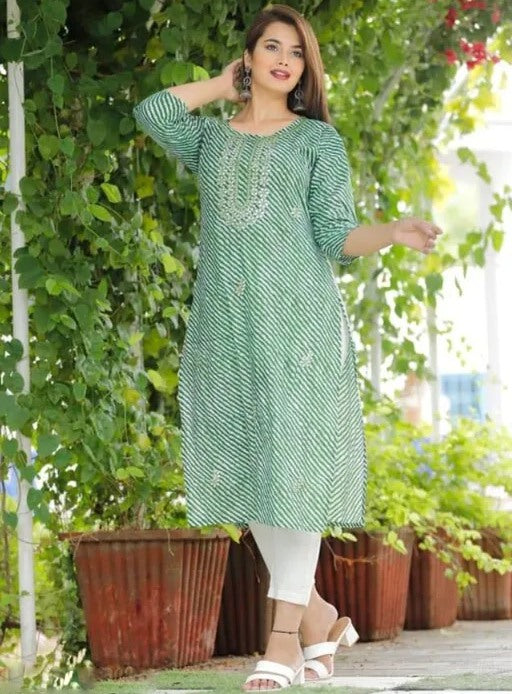 Green cotton lehariya printed straight kurti