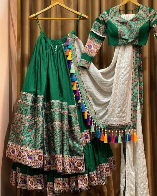 Green cotton print and mirror handwork gujarati garba navratri lehenga chaniya choli