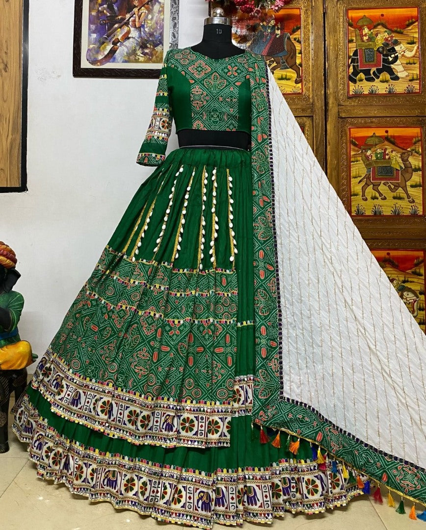 Green cotton print and mirror handwork gujarati garba navratri lehenga chaniya choli