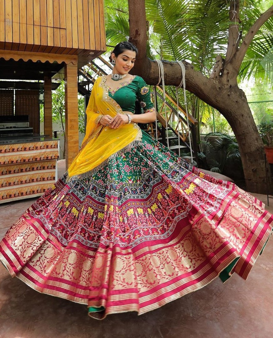 Green cotton print mirror work gujarati garba navratri lehenga chaniya choli