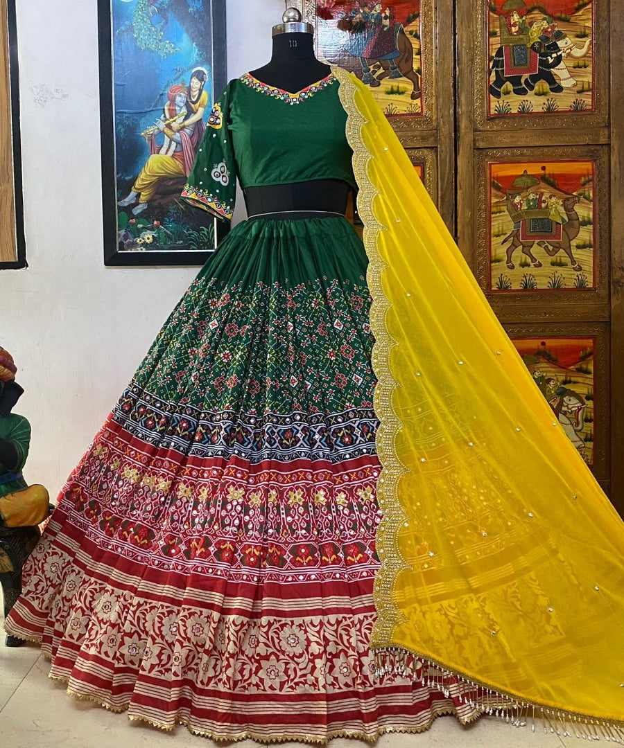 Green cotton print mirror work gujarati garba navratri lehenga chaniya choli