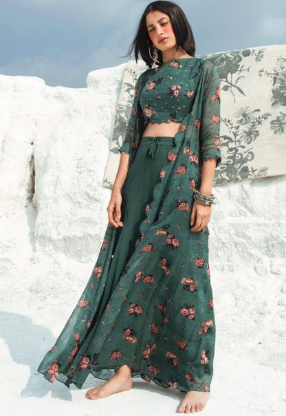 Green digital printed indowestern plazzo suit with shrug