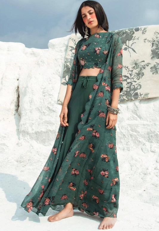 Green digital printed indowestern plazzo suit with shrug