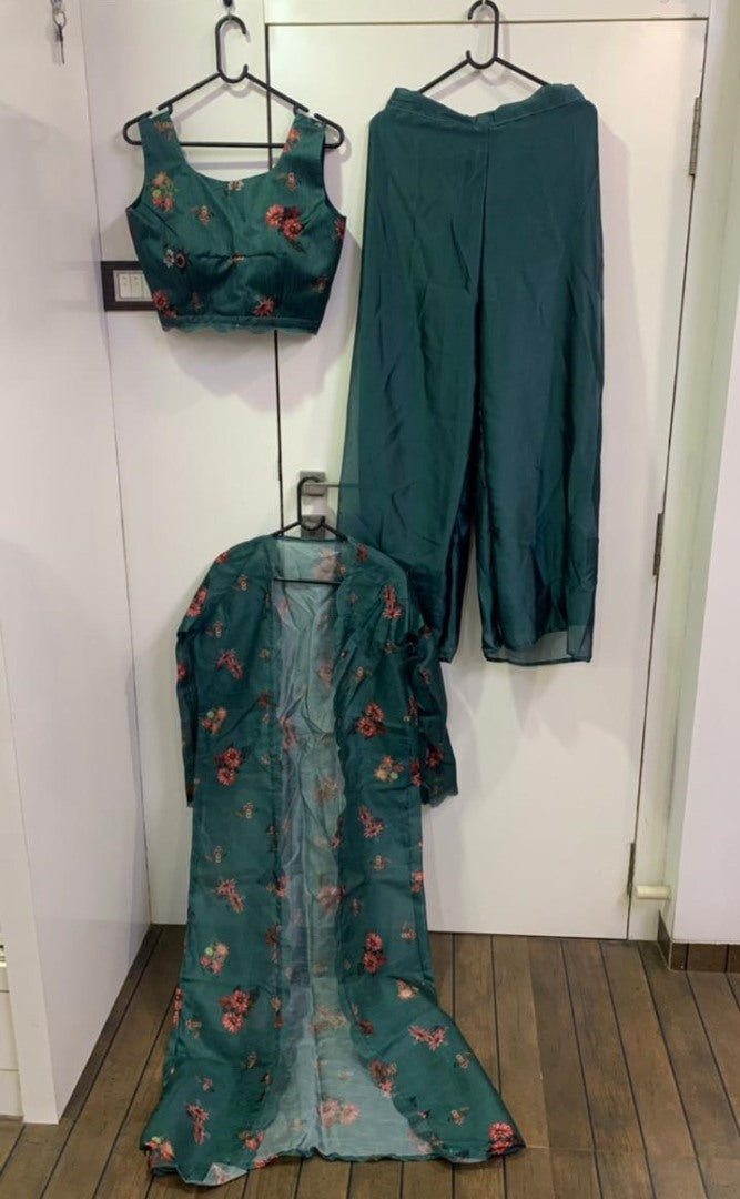 Green digital printed indowestern plazzo suit with shrug