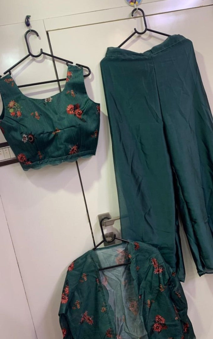 Green digital printed indowestern plazzo suit with shrug