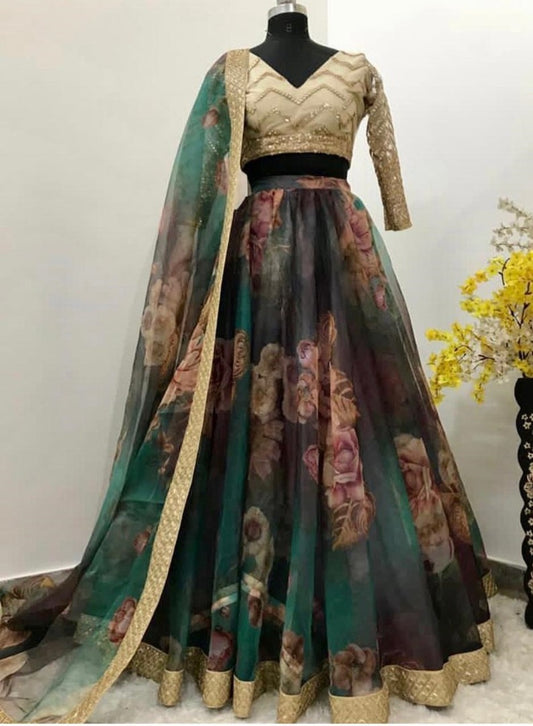 Green digital printed organza ceremonial lehenga choli