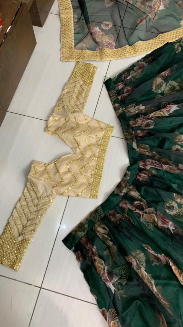 Green digital printed organza ceremonial lehenga choli