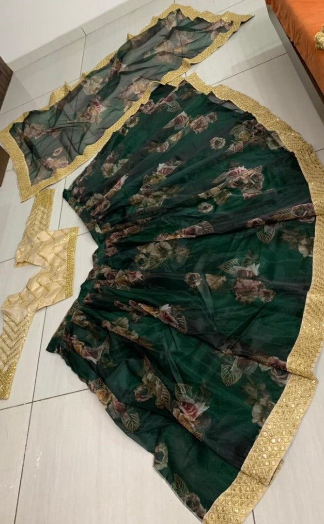 Green digital printed organza ceremonial lehenga choli