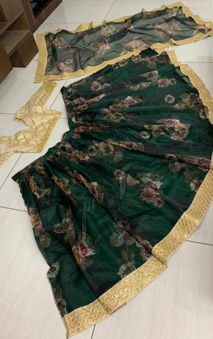Green digital printed organza ceremonial lehenga choli