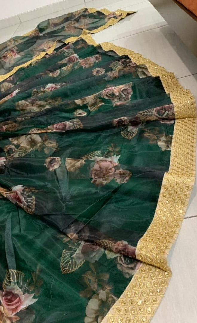 Green digital printed organza ceremonial lehenga choli