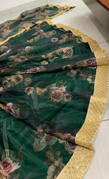 Green digital printed organza ceremonial lehenga choli