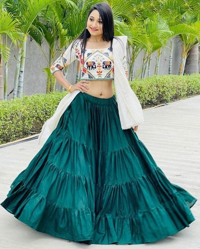 Green faux cotton ruffle layered lehenga choli