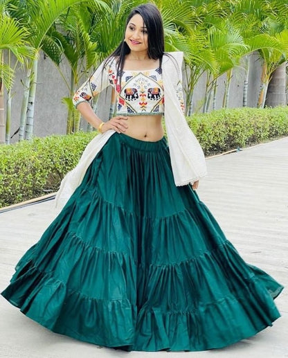 Green faux cotton ruffle layered lehenga choli