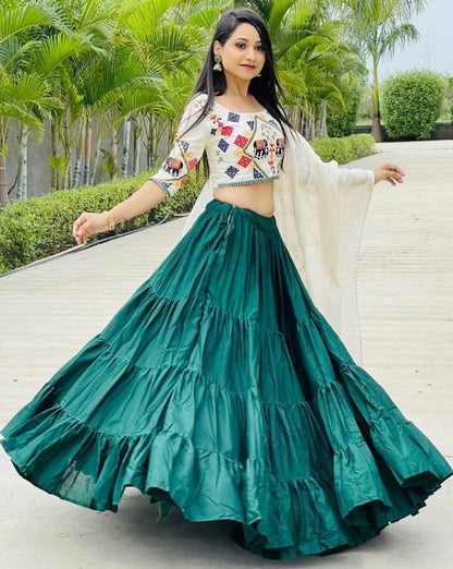 Green faux cotton ruffle layered lehenga choli