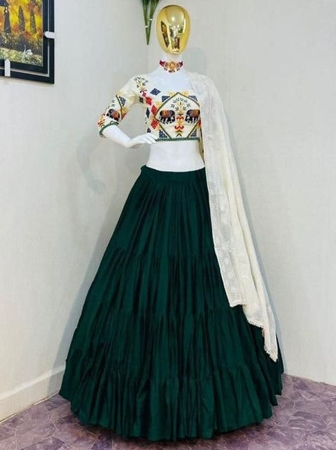 Green faux cotton ruffle layered lehenga choli