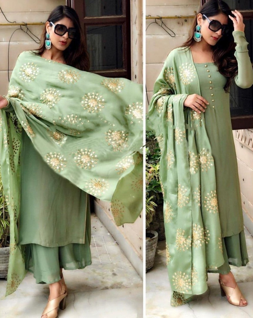 Green faux georgette plazzo suit