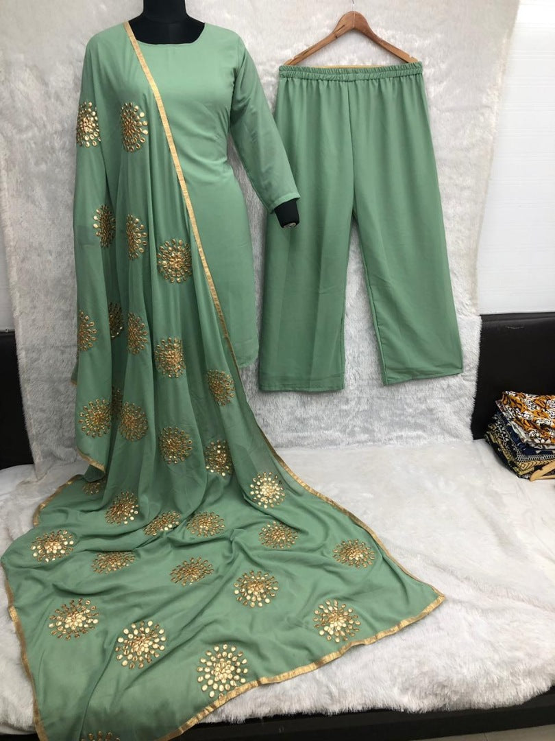 Green faux georgette plazzo suit