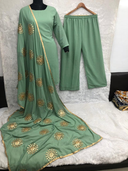 Green faux georgette plazzo suit