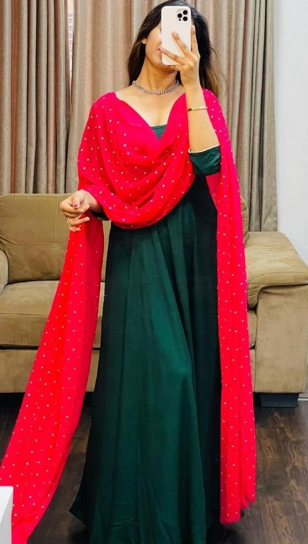 Green finlon silk full stitching work party wear long gown