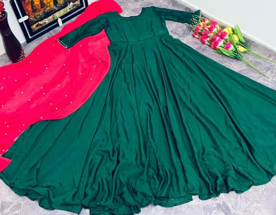 Green finlon silk full stitching work party wear long gown