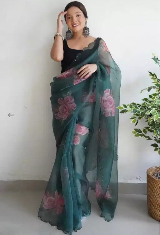 Green floral printed organza saree