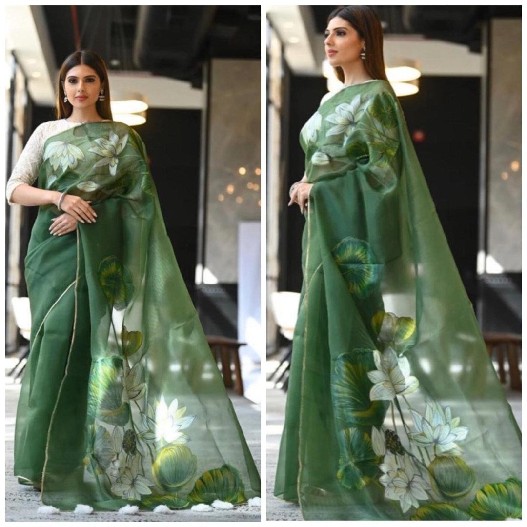 Green floral printed organza saree