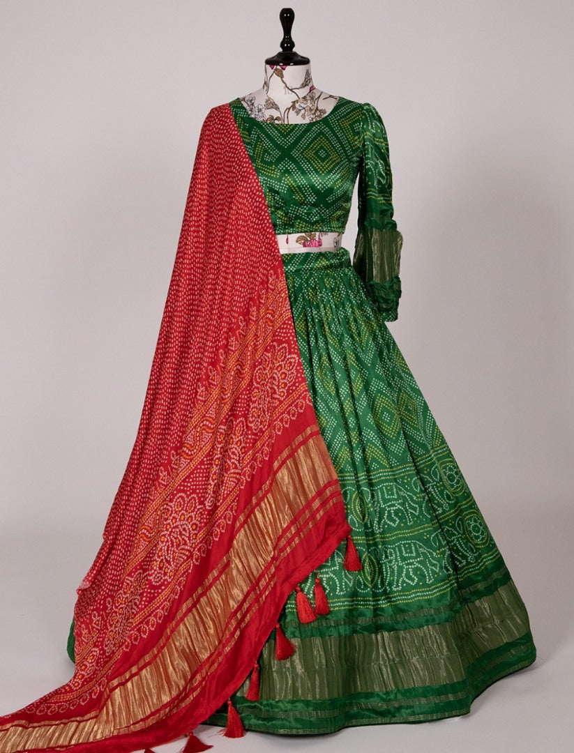 Green gaji silk bandhni printed designer navratri lehenga choli