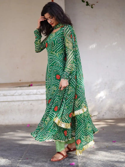 Green georgette bandhni printed anarkali suit