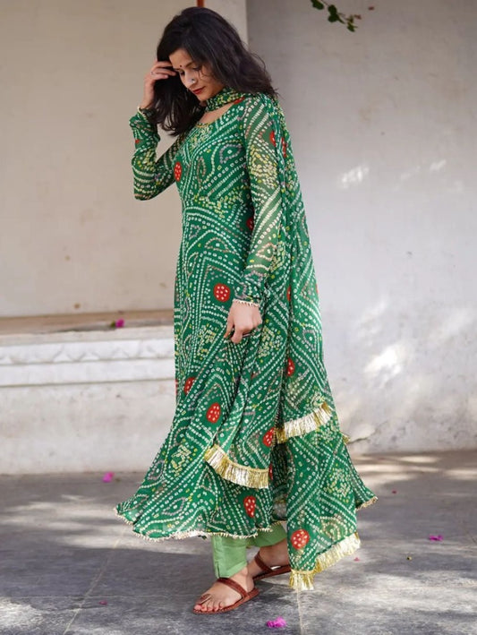 Green georgette bandhni printed anarkali suit