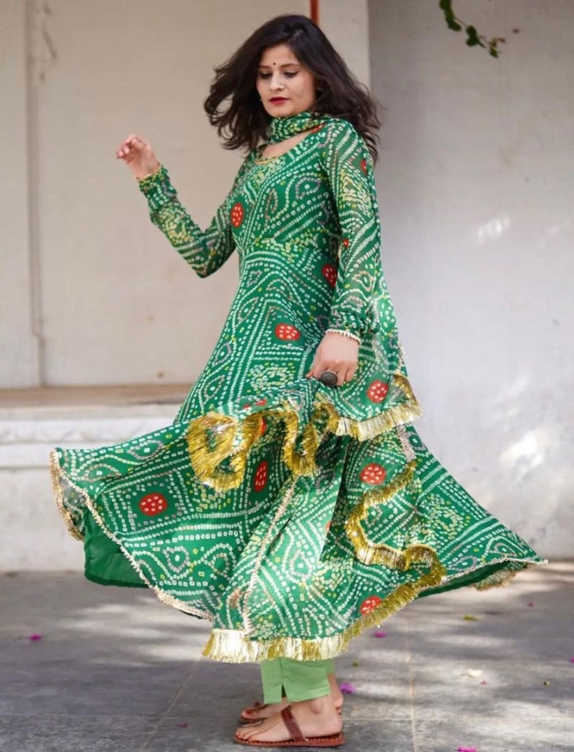 Green georgette bandhni printed anarkali suit