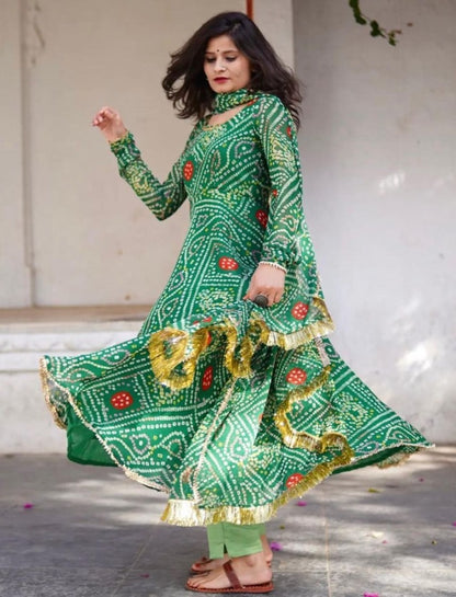 Green georgette bandhni printed anarkali suit