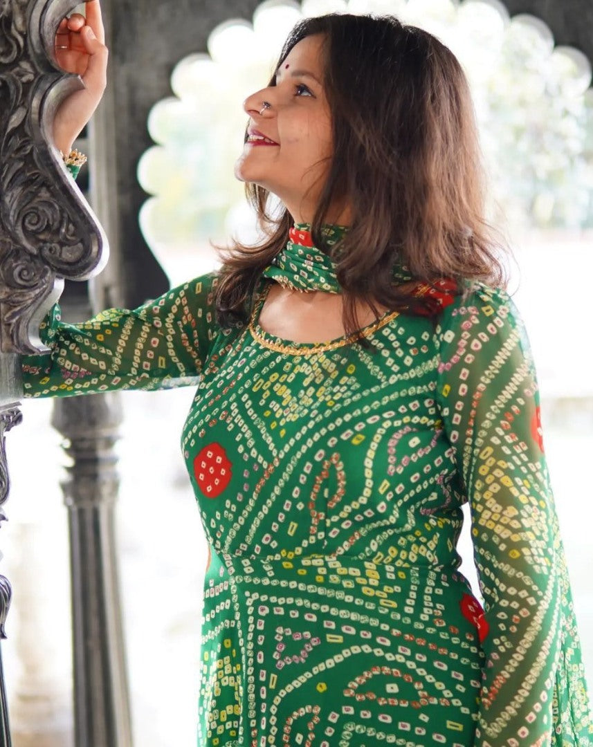 Green georgette bandhni printed anarkali suit