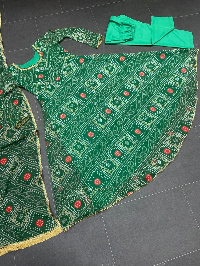 Green georgette bandhni printed anarkali suit