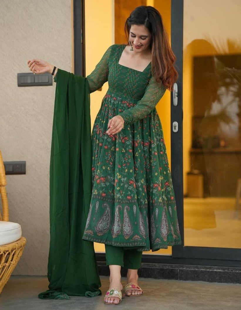 Green georgette digital printed anarkali suit