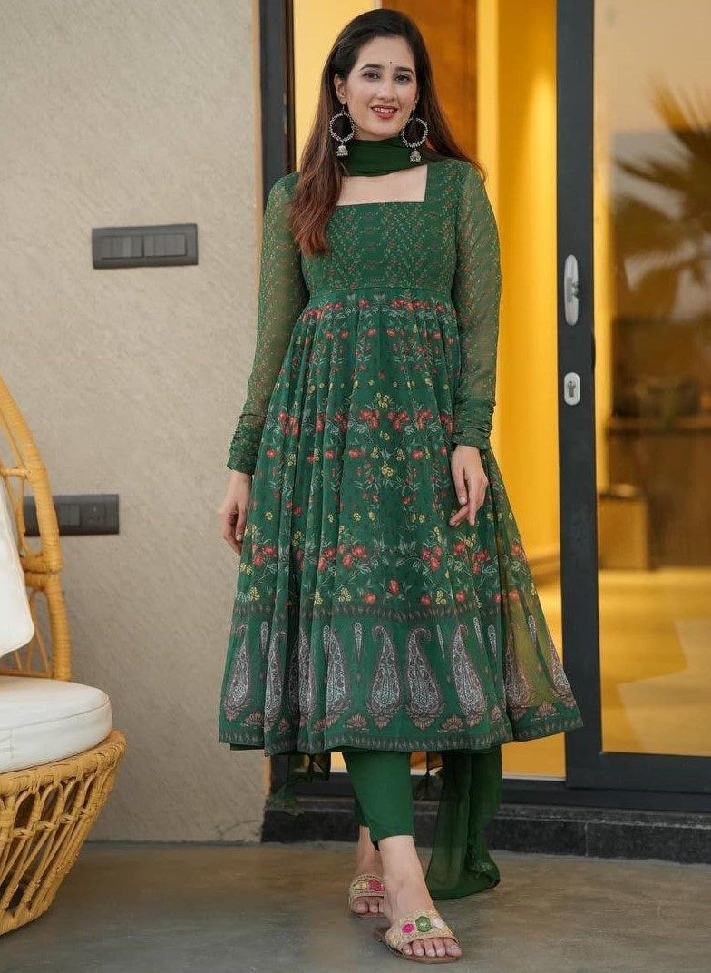 Green georgette digital printed anarkali suit